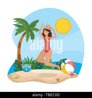 Donna salta con hat e indossando il costume da bagno con sfera in spiaggia al tempo estivo illustrazione vettoriale Illustrazione Vettoriale