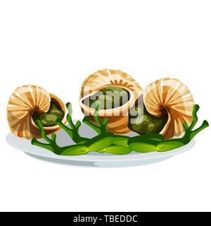 Escargot, un delizioso piatto francese di lumache isolati su sfondo bianco, animate le cosce di rana. Vector cartoon close-up illustrazione. Illustrazione Vettoriale