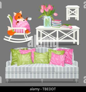 Imposta Casa arredamento di colore bianco e una volpe avvolto in una coperta isolata su uno sfondo grigio. Tavolo in legno con libri e vaso di tulipani, oscillante Illustrazione Vettoriale
