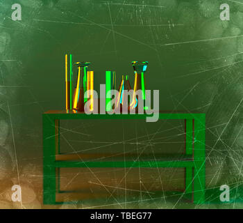Laboratorio e biohazards studio, analisi e test con recipienti e contenitori per liquidi su un tavolo. Virus e batteri, 3D render Foto Stock