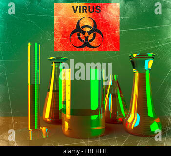 Laboratorio e biohazards studio, analisi e test con recipienti e contenitori per liquidi su un tavolo. Virus e batteri, 3D render Foto Stock