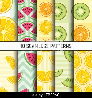 Set di dieci limone, arancio, kiwi, fette di cocomero seamless pattern. Lo stile simpatico. Agrumi, Estate colori luminosi, succosa freschi sfondi. Illustrazione Vettoriale