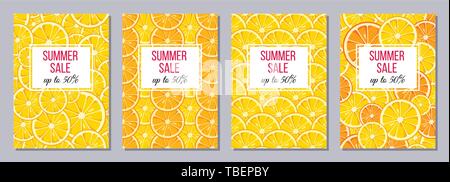 Set di volantini, poster, striscioni e cartelloni, brochure design dei modelli a colori in formato A6. Estate vendita sfondi con fettine di limone e arancio. Frutti. Illustrazione Vettoriale