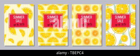 Set di volantini, poster, striscioni e cartelloni, brochure design dei modelli a colori in formato A6. Estate vendita sfondi con fettine di limone e arancio. Frutti. Illustrazione Vettoriale