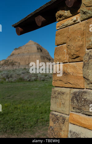 Antico cancello di entrata al Parco nazionale Theodore Roosevelt in North Dakota Foto Stock