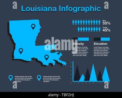 Stato della Louisiana (USA) Mappa con set di elementi infografico in colore blu in uno sfondo scuro. Informazioni moderno elemento di grafica per il tuo design. Illustrazione Vettoriale