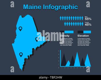 Stato del Maine (USA) Mappa con set di elementi infografico in colore blu in uno sfondo scuro. Informazioni moderno elemento di grafica per il tuo design. Illustrazione Vettoriale