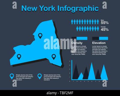 Lo stato di New York (USA) Mappa con set di elementi infografico in colore blu in uno sfondo scuro. Informazioni moderno elemento di grafica per il tuo design. Illustrazione Vettoriale