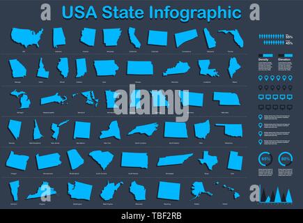 USA tutto lo stato Mappa con set di elementi infografico in colore blu in uno sfondo scuro. Informazioni moderno elemento di grafica per il tuo design. Illustrazione Vettoriale