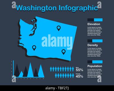 Stato di Washington (USA) Mappa con set di elementi infografico in colore blu in uno sfondo scuro. Informazioni moderno elemento di grafica per il tuo design. Illustrazione Vettoriale