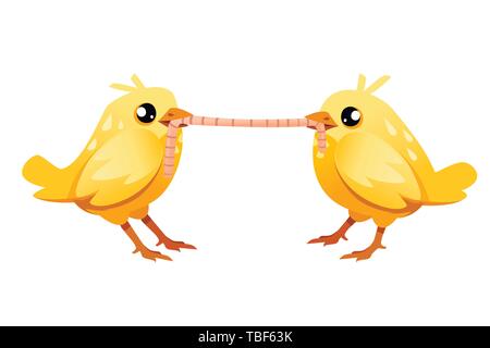 Carino due piccoli pulcino e permanente di mangiare worm vista laterale cartoon character design piatto illustrazione vettoriale. Illustrazione Vettoriale