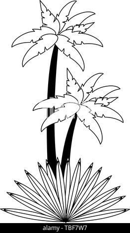 Spiaggia palme con foglie cartoon in bianco e nero Illustrazione Vettoriale