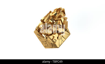 Abstract scattering forma d'oro. Cubo di oro si rompe in piccoli pezzi. 3D render Foto Stock