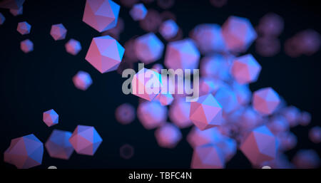 Abstract sfondo nero con forme geometriche, la profondità di campo e bokeh di fondo. Neon sfondo futuristico. 3D render illustrazione Foto Stock