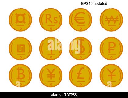 Vettore isometrica coin set di valute del mondo. Isometrica icone. Elementi di design di un concetto di business. Vettore di elementi di design, business o finanza Illustrazione Vettoriale