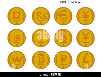 Vettore isometrica coin set di valute del mondo. Isometrica icone. Elementi di design di un concetto di business. Vettore di elementi di design, business o finanza Illustrazione Vettoriale