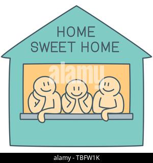 Tre caratteri nella finestra di casa in un'atmosfera confortevole come semplice concetto di sweet home - linea del vettore arte illustrazione Illustrazione Vettoriale