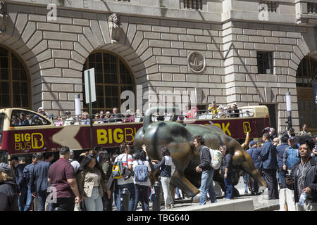 Il famoso 'Wall Street" Bull è una popolare attrazione turistica per essere fotografato con il lower Broadway a New York City. Foto Stock