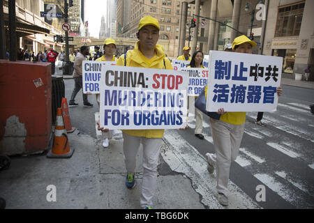 I membri internazionali di Falun Dafa marciano dall'ONU al Consolato cinese di NYC chiedendo la fine della persecuzione dei suoi membri in Cina. Falun Dafa anche Falun Gong Standard cinese mandarino: [fàlwə̌n tâfà]; letteralmente, 'pratica della ruota karma' o 'pratica della ruota di Legge') è una pratica religiosa spirituale cinese che combina meditazione ed esercizi di qigong con una filosofia morale incentrata sui principi della veridicità, compassione e tolleranza (cinese: 真、善,忍). La pratica enfatizza la moralità e la coltivazione della virtù, e si identifica come pratica del qigong dello scoo buddista Foto Stock