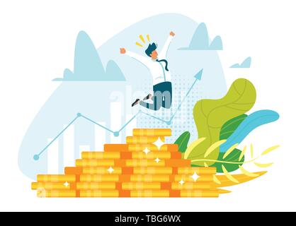 Investimento redditizio, finanziamenti flat illustrazione vettoriale. Il mercato azionario di reddito. Imprenditore di successo permanente sulla pila di monete. Millionaire banchiere, fina Illustrazione Vettoriale