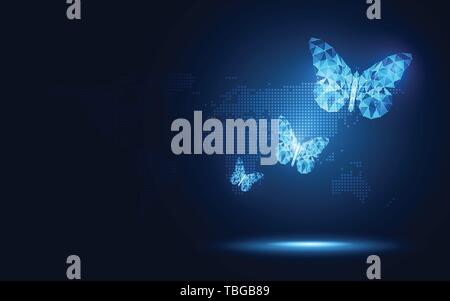 Futuristico lowpoly Blue Butterfly tecnologia astratto dello sfondo. Intelligenza artificiale la trasformazione digitale e grande concetto di dati. Quantu Business Illustrazione Vettoriale
