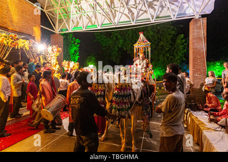 Lo sposo ingresso in un cavallo carrello in Indian la celebrazione dei matrimoni in Agra, Uttar Pradesh, India Foto Stock
