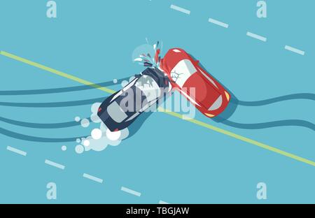 Vettore di due auto incidente vista dall'alto di collisione del veicolo su sfondo blu Illustrazione Vettoriale