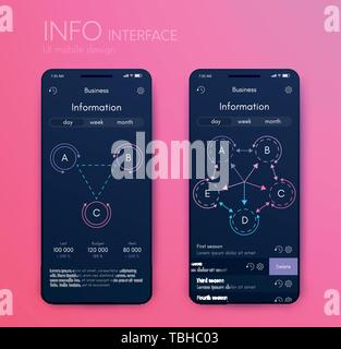 La grafica vettoriale infographics mobile con tre e cinque opzioni. Modello per la creazione di applicazioni mobili, layout di flusso di lavoro, diagramma, banner, web Illustrazione Vettoriale