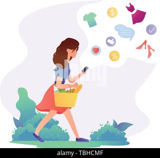 Donna shopping online con un telefono cellulare Illustrazione Vettoriale