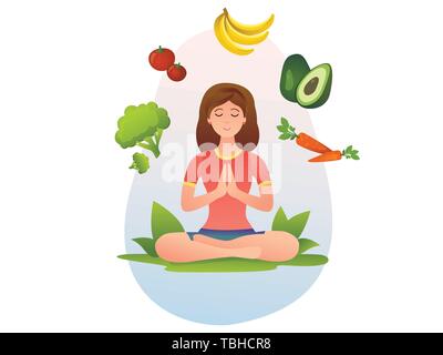 Cibo sano, Vegana Vegetariana e yoga Illustrazione Vettoriale