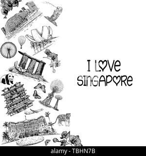 Poster/scheda di composizione disegnati a mano stile sketch Singapore relativi oggetti isolati su sfondo bianco. Illustrazione Vettoriale. Illustrazione Vettoriale