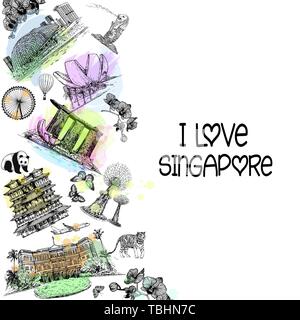 Poster/scheda di composizione disegnati a mano stile sketch Singapore relativi oggetti isolati su sfondo bianco. Illustrazione Vettoriale. Illustrazione Vettoriale