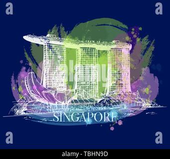 Disegnato a mano stile sketch Singapore Marina Bay lo skyline della citta'. Illustrazione Vettoriale. Illustrazione Vettoriale