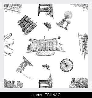Modello senza giunture di mano il bozzetto style Singapore relativi oggetti isolati su sfondo bianco. Illustrazione Vettoriale. Illustrazione Vettoriale