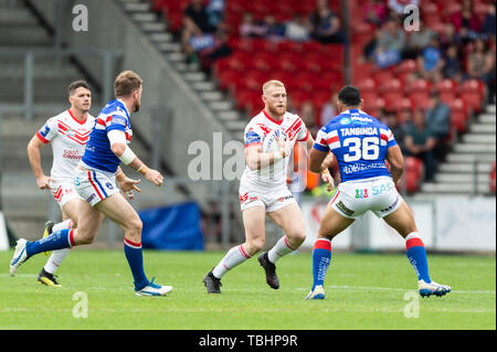 1 giugno 2019 , totalmente Wicked Stadium, St Helens, Inghilterra; Coral Challenge Cup 2019, Quarti di Finale , St Helens vs Wakefield Trinity ; Luca Thompson di St Helens Credito: Richard Long/news immagini Foto Stock