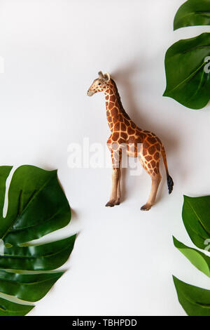 Concetto di mondo giraffe giorno di protezione. Poco realistico giocattolo giraffe cub nel centro del telaio, Verde foglie di monstera intorno ai bordi. Sfondo bianco