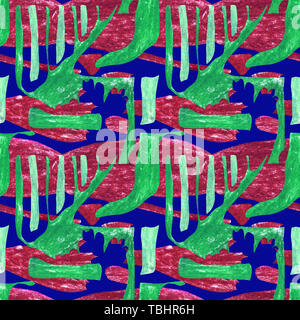 Seamless pattern astratti. Il verde delle forme geometriche su uno sfondo blu. Ritmico contrastanti ornamento con elementi appuntiti. Foto Stock