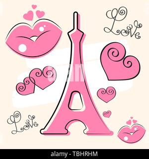 Parigi disegnati a mano caratteri vettoriali e Eiffer Torre. Spazzola . Elemento di design per le carte di pagamento, banner, volantini, Paris Lettering isolati su sfondo bianco. Illustrazione Vettoriale