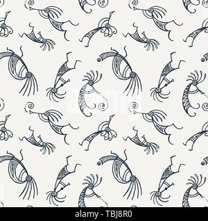 Disegnata a mano Kokopelli seamless pattern. Stilizzata personaggi mitici suonando i flauti. Illustrazione Vettoriale