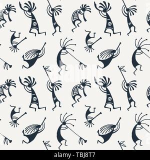 Disegnata a mano Kokopelli seamless pattern. Stilizzata personaggi mitici suonando i flauti. Illustrazione Vettoriale