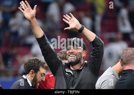 Madrid, Spanien. Dal 01 Giugno, 2019. Juergen KLOPP (pullman Liverpool), il gesto, agitando, agitando, agitando. Il calcio finale di Champions League 2019/Tottenham Hotspur-Liverpool FC 0-2, stagione2018/19, al 01.06.2019, Stadio Wanda Metropolitano. | Utilizzo di credito in tutto il mondo: dpa/Alamy Live News Foto Stock