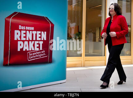 Berlino, Germania. 29 gen 2014. L'allora Ente federale per il lavoro il ministro Andrea Nahles (SPD) passa un display prima di presentare i vari piani pensionistici a livello federale conferenza stampa a Berlino. SPD e la fazione Nahles leader si dimette. Credito: Daniel Naupold/dpa/Alamy Live News Foto Stock