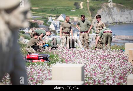 Arromanches-Les-Bains, Francia. 02Giugno, 2019. Arromanches-Les-Bains: Britische Soldaten pflanzen in dem Küstenort am spiaggia d'Oro Blumen im D-Day 75 Giardino. Nach der Landung der alliierten Truppen im Zweiten Weltkrieg wurde vor der Küste von Arromanches-les-Bains einer der beiden künstlichen Häfen (Gelso B) gebaut, über den Truppen und Nachschub un Land gebracht wurden. Am 06.06.2019 jährt sich zum 75. Mal der Jahrestag der Landung alliierter Truppen in der Normandie (D-giorno). Credito: dpa picture alliance/Alamy Live News Foto Stock