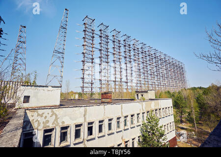 Ex militari Duga sistema radar di Chernobyl Zona di esclusione, Ucraina Foto Stock