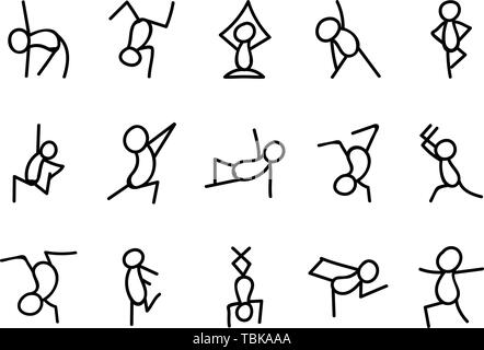 Stick figure nel set di yoga. Semplice stilizzata yoga pone icona Illustrazione Vettoriale