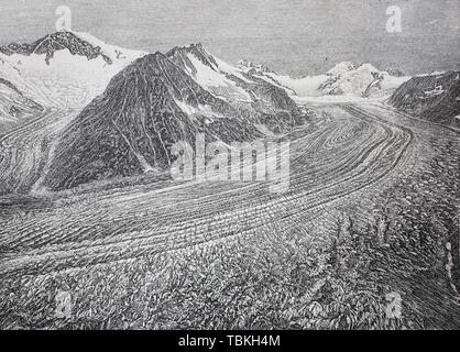 Il ghiacciaio di Aletsch, Aletschgletscher, o il grande ghiacciaio di Aletsch, il più grande ghiacciaio delle Alpi, Svizzera, visto dall'Eggishorn, 1880, storico Foto Stock