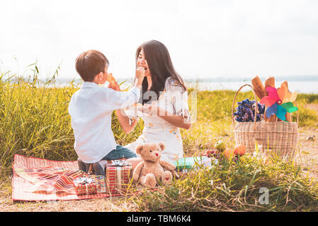 Piccolo ragazzo asiatico la sua mamma alimentazione snack ogni altro in prato quando fare picnic. Madre e figlio giocare insieme. Celebrando nella Madre di giorno e apprecia Foto Stock