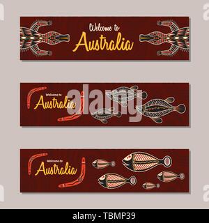 Banner orizzontale di modelli in aborigeni australiani stile. Il Coccodrillo, boomerang, pesci, elementi decorativi. Benvenuti iscrizione. Colore del vettore. Illustrazione Vettoriale