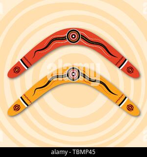 Boomerang isolato su sfondo beige con cerchi. Tribal style. Stile australiano. Illustrazione Vettoriale. Illustrazione Vettoriale