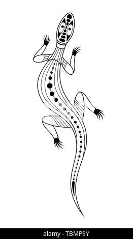 Lizard. Arte aborigena stile. Tatoo. In bianco e nero del logo. Vettore illustrazione monocromatica isolati su sfondo bianco. Illustrazione Vettoriale